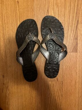 Tory Burch Metallic Snakeskin Bronze Logo Thin Strap Sandals